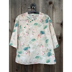 Qiyuanfushi Floral Print Blouse Mandarin Collar‎ 3/4 Sleeve Casual Top Beige XXL